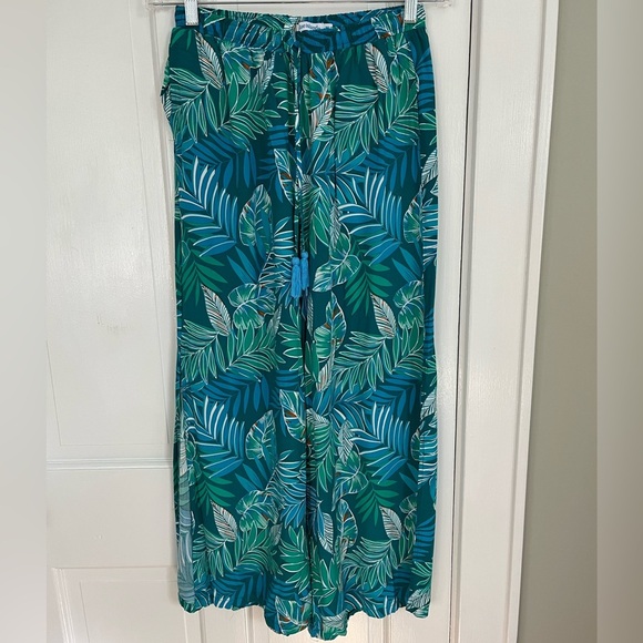 Blue Island Tropical Hawaiian Leaf Print Pull On Wide Leg Pants Beachy Size M - Picture 1 of 13